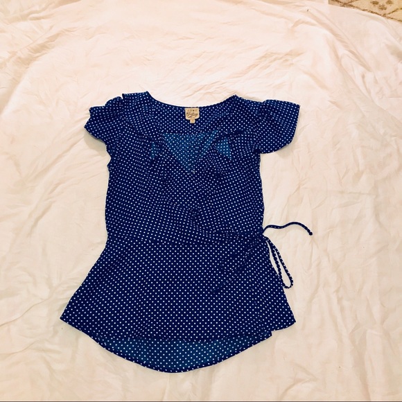 Como Vintage Blue Polka Dot Ruffle Wrap Top PS - Picture 4 of 7